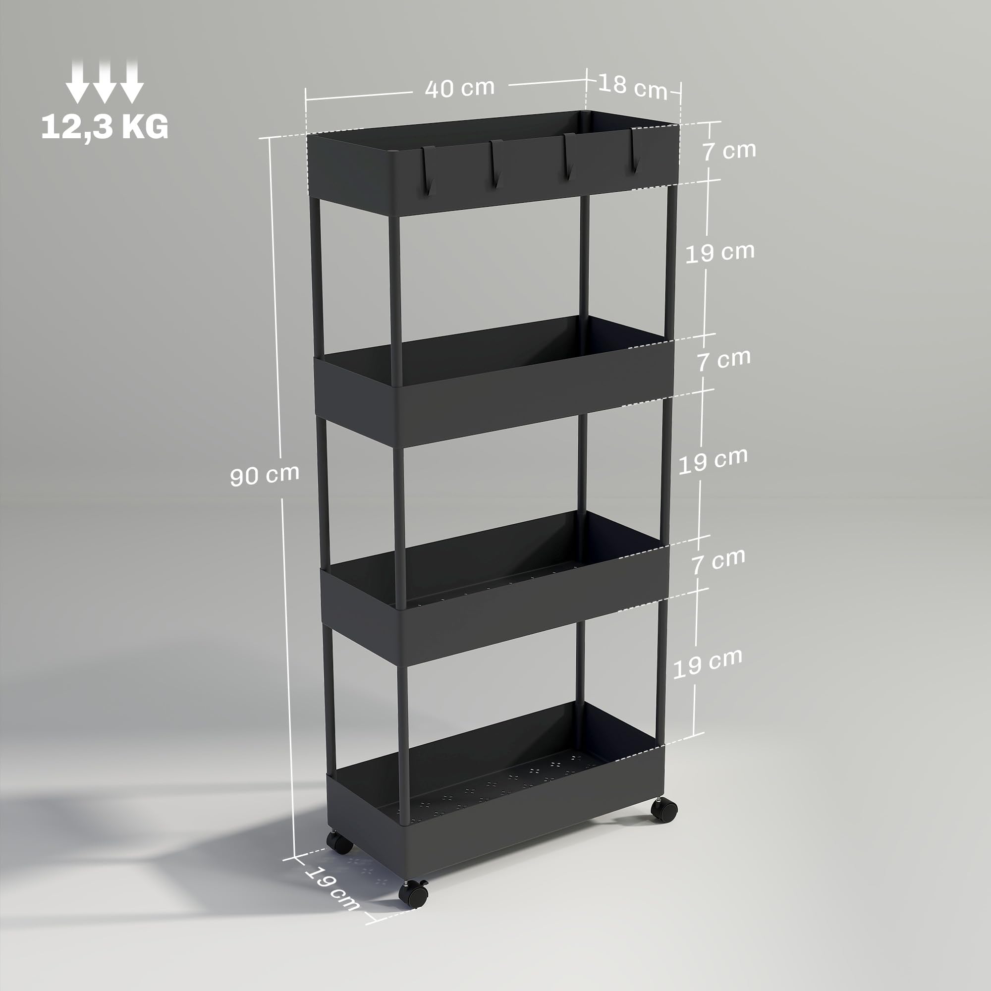 HOMCOM Carro de Cocina de Almacenamiento Delgado de 4 Niveles Carrito Auxiliar con Ruedas 4 Cestas y 4 Ganchos Extraíbles Carrito de Cocina para Comedor Baño Salón 40x19x90 cm Negro