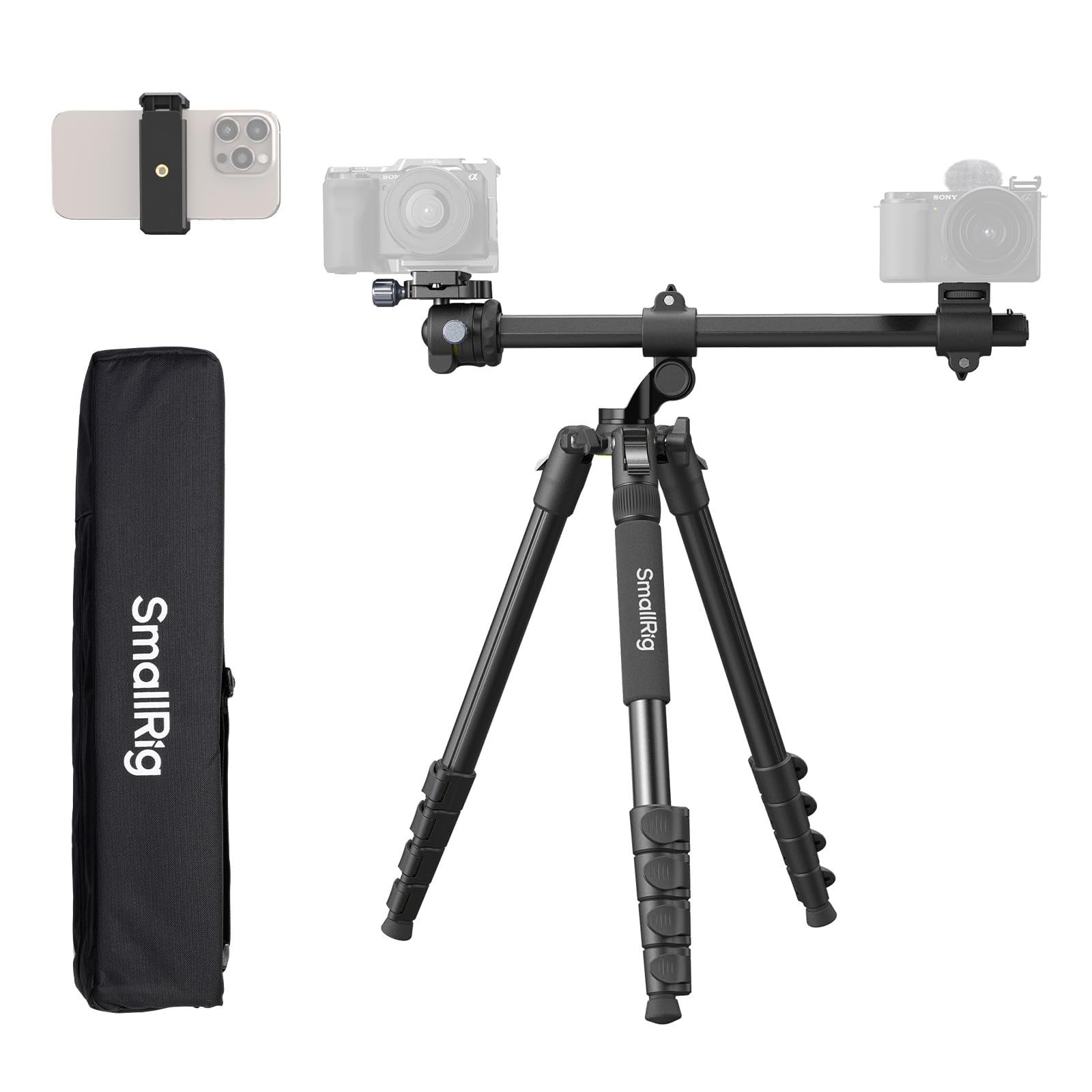 SmallRig CT25 64.5"/164cm Horizontal Overhead Tripod for iPhone & Camera, with Phone Holder & Carrying Bag, 22lb Max Load Aluminum Lightweight Camera