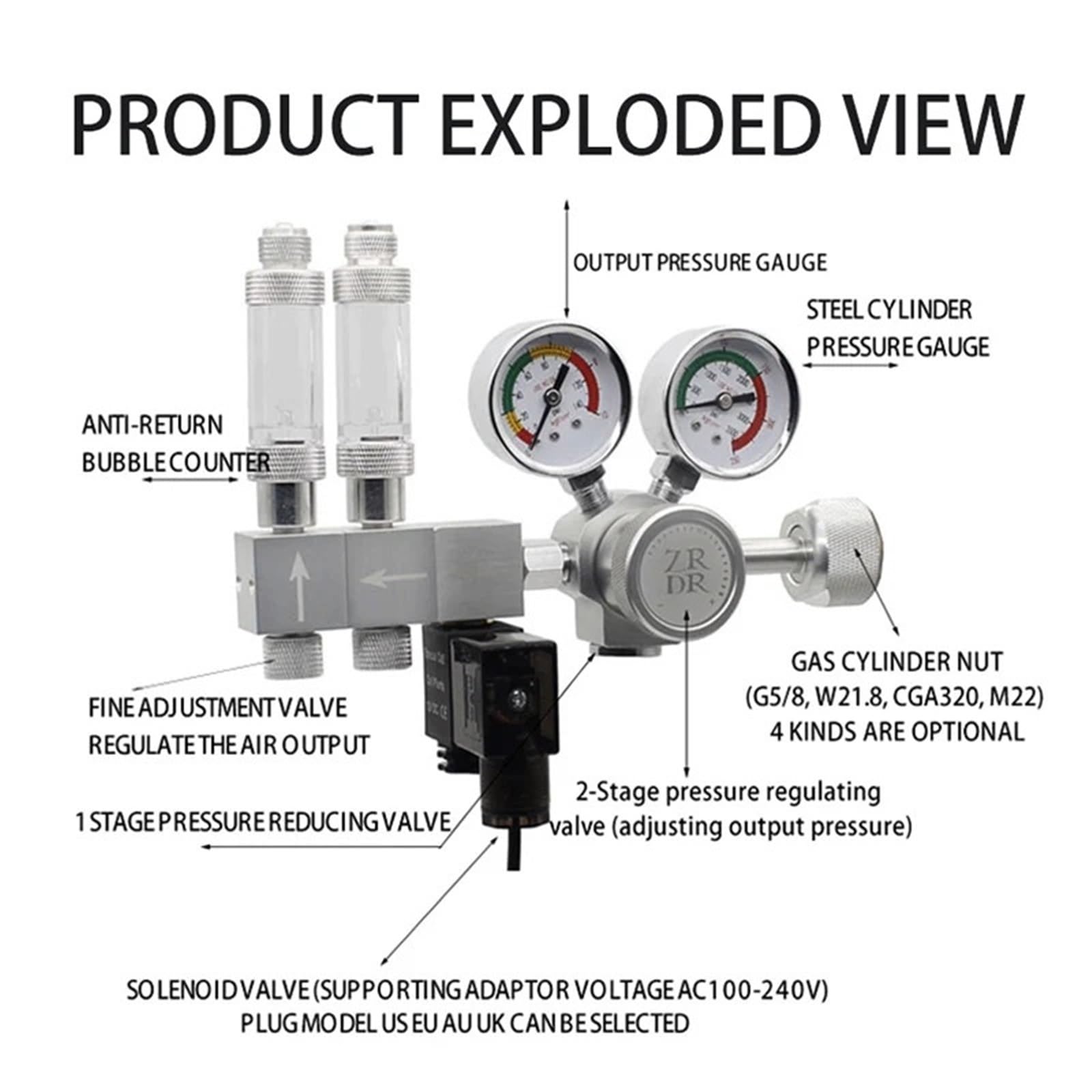 2022 version fish tank DIYCO2 regulator, solenoid valve bubble counter CO2 reaction control system pressure reducing valve kit(K303C-AU plug,AC100-240V-G5-8) - image 4