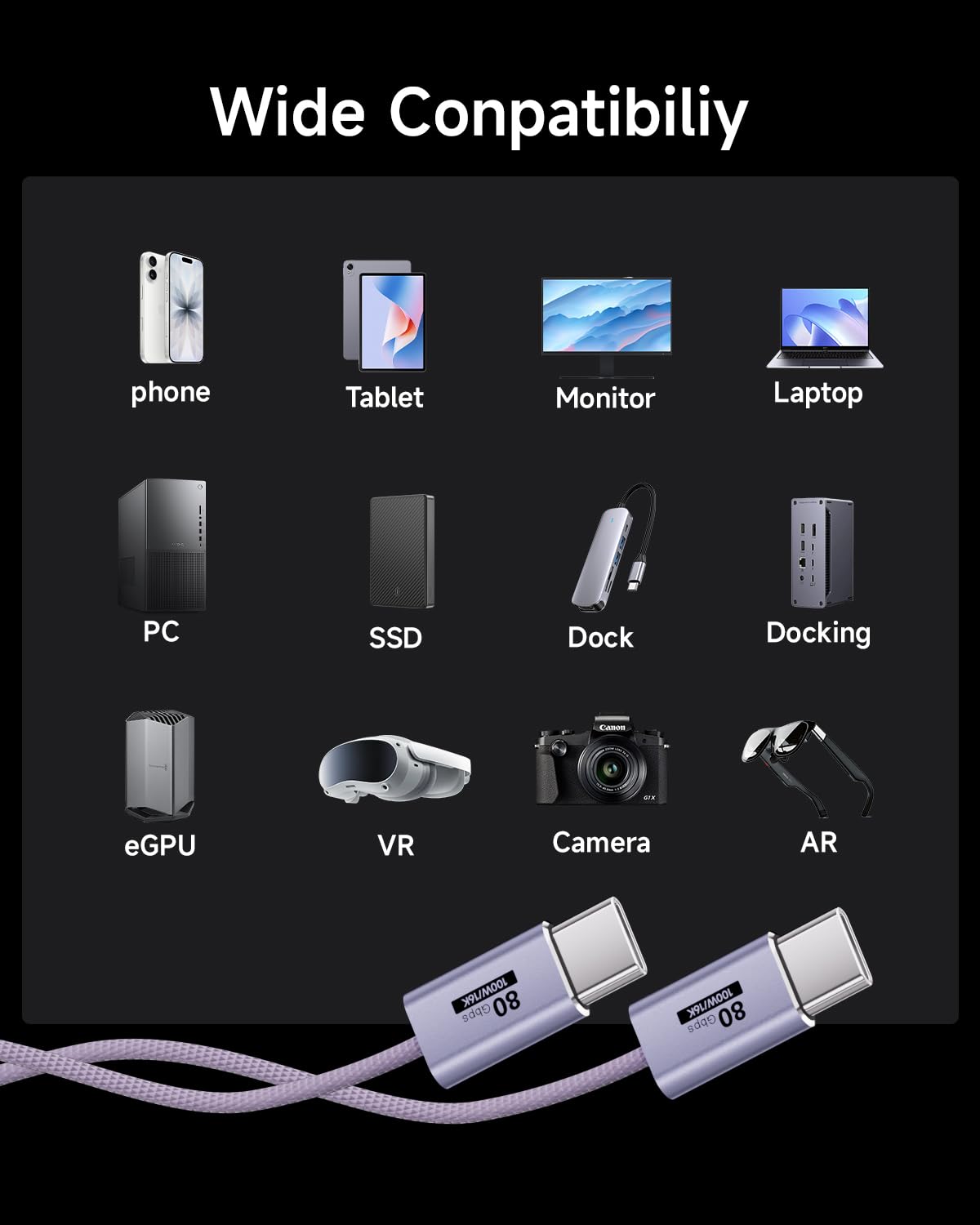Fioletowy, 2 sztuki kabla USB typu C 80 GB/s, kompatybilny z Thunderbolt 5/4/3, elastyczny kabel USB C 100 W, 16K, 8K, 4K, do monitora, tabletu, dokowania, wyświetlacza, laptopów, dysków SSD
