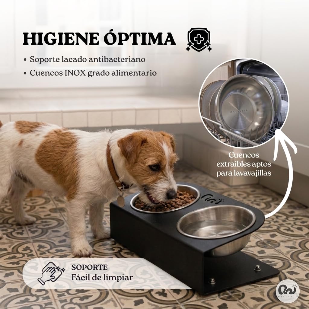 Comedero Perro Elevado para Perros Pequeños, Comedero Gato Elevado Antideslizante y Antibacteriano, Cuencos de Acero Inoxidable, Diseñado y Fabricado en España (Negro, S)
