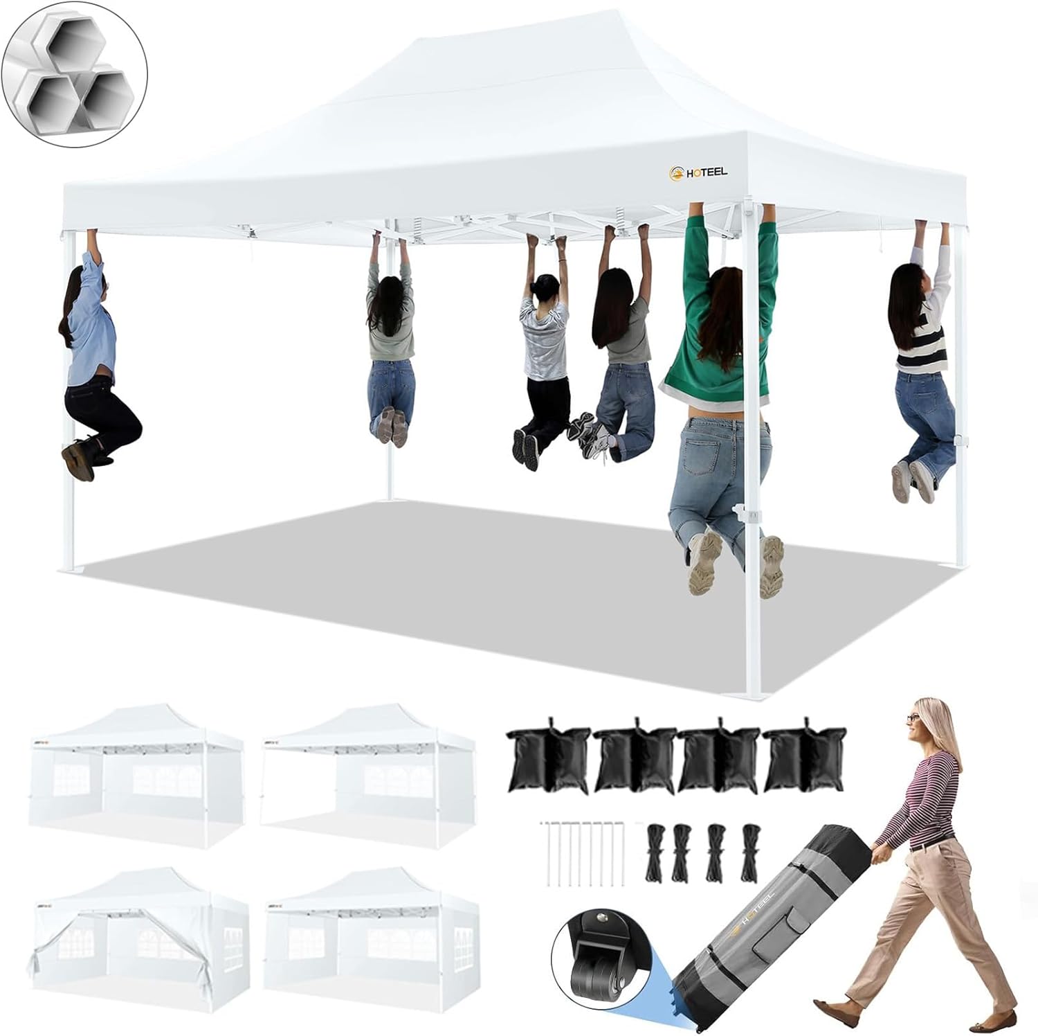hoteel 10x15 pop up canopy tent for parties, heavy duty easy setup tent with 4 sidewalls, outdoor commercial instant gazebo for wedding event, with roller bag & sand bags, white(hexagonal frame) white 10x15ft (+4 walls)