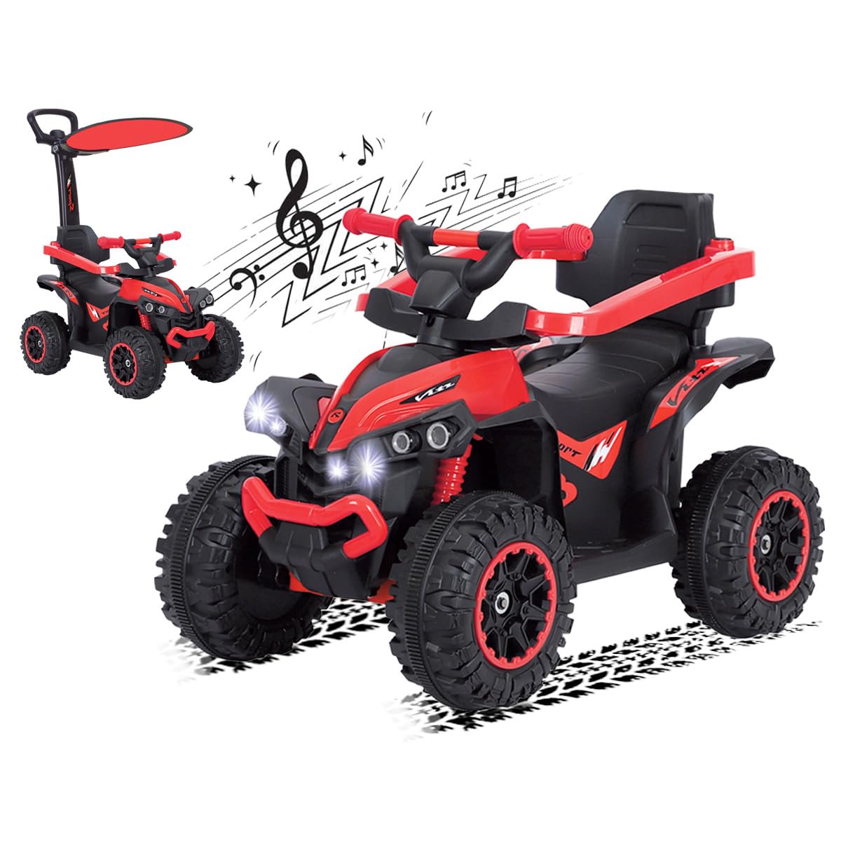 SELECTSHOP Carrito Infantil Electrico Montable para Niños con Sombrilla Cuatrimoto Eléctrica con Bastón para Bebes Manejo Directo con Luces Estereo y Pedales Funcionales (Rojo)