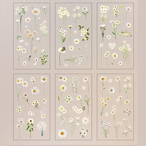 6 hojas de calcomanías de vinilo transparentes con margaritas blancas para manualidades, sobres, botellas de agua, coche, álbumes de recortes, disponible en Yaxa Peru