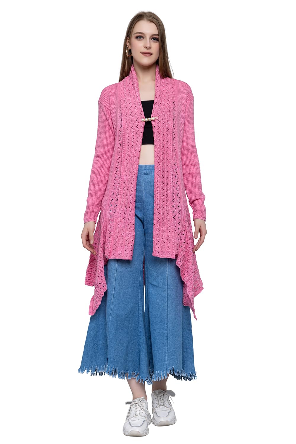 Women Ladies Girls Winter Latest Colors Woolen V-Neck Open Front Hem Long Sleeves Shrug Cardigan Sweater-image-15