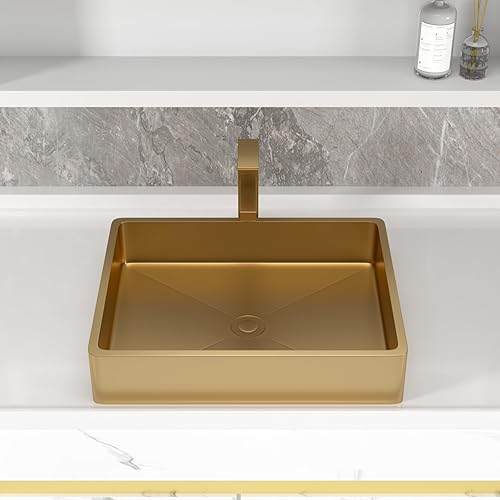 Miniatura 4 de Fulorni - Fregadero dorado de acero inoxidable de 19 x 15 pulgadas, chapado en oro, nano titanio, sobre encimera, rectangular, lavabo de lujo