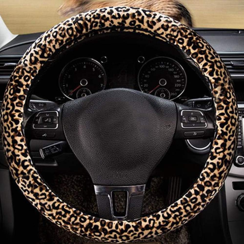 Hicdaw 4Pcs Leopard Car Accessories Leopard Steering Wheel Cover for Women with Leopard Steering Wheel Cover Sunflowers Keyring Car Vent Seat Belt