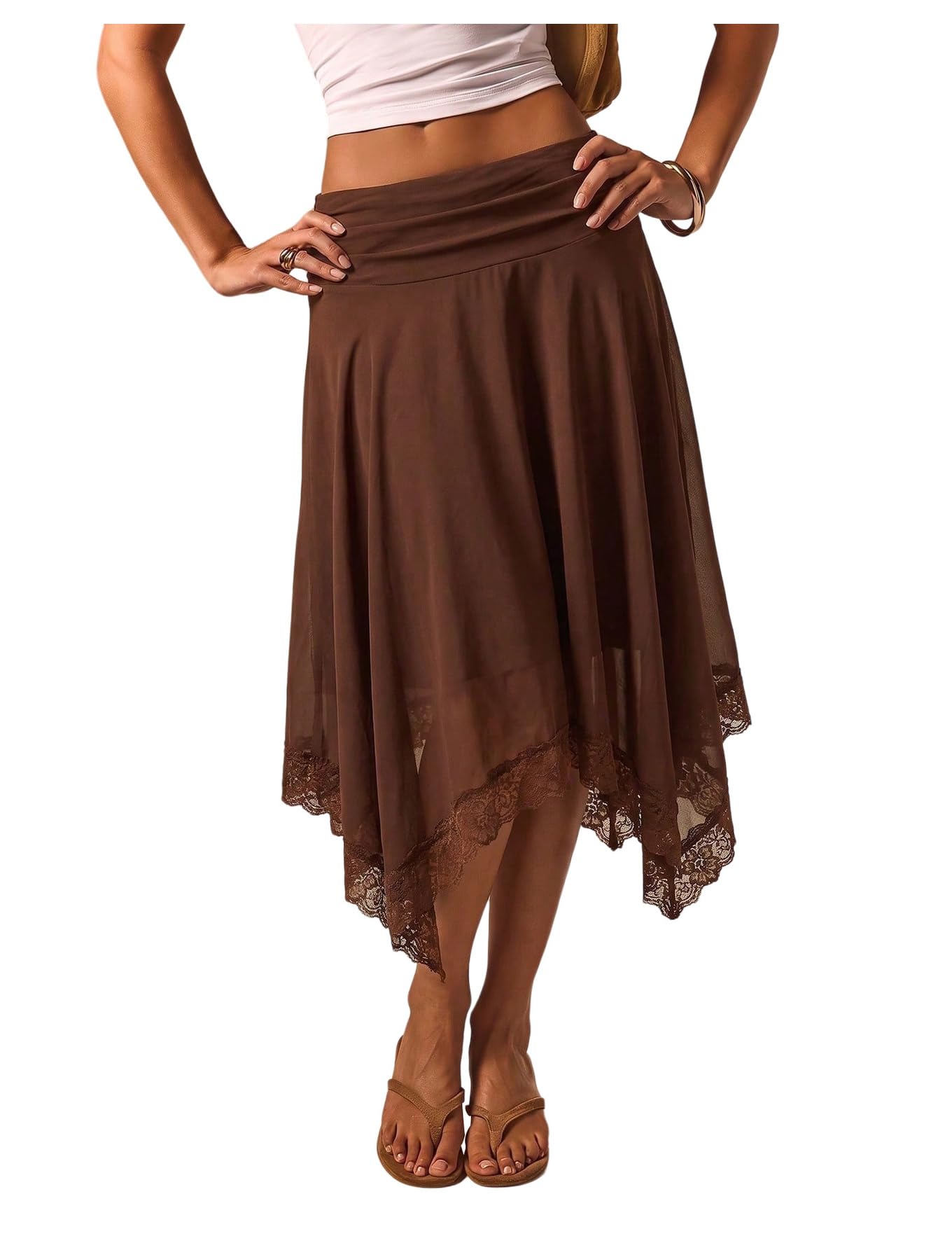 Women's Lace Midi Skirt Chiffon Asymmetrical Flowy Skirt
