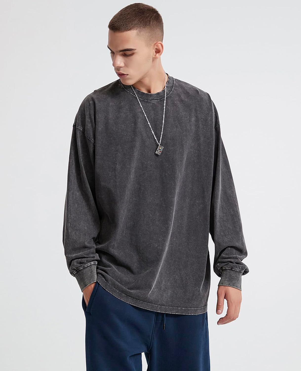 Men's Oversized Vintage Long Sleeve T-Shirts Acid Wash Soft Comfort Fit Crewneck Sweatshirt - Image 3