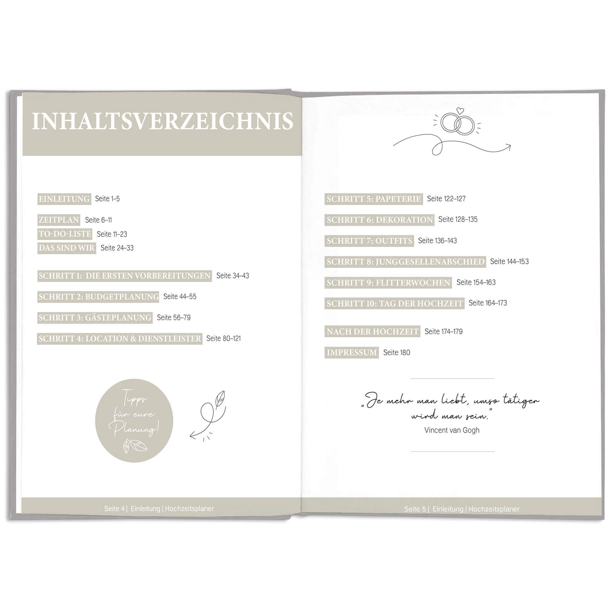 LEAF & GOLD® Wedding Planner - Lovingly designed, 180 pages, hardcover with book closure, sticker sheet, made in Europe, 17 x 24 cm - Image 3