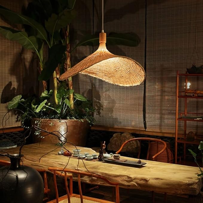 CWVYKNP Boho-led-hanglampen, enkele lamp in hoedvorm, hangende kroonluchter van gevlochten mand voor de keuken, natuurlijke lamp voor thuis, restaurant, theesalon, woonkamer, café photo 3