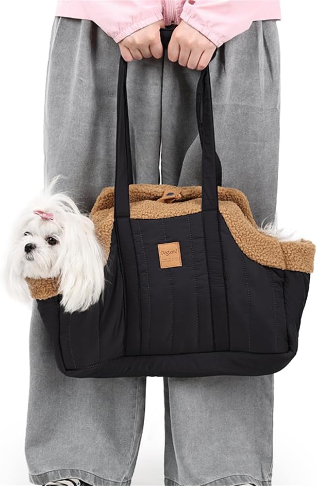 Cozy Dog Tote Bag Carrier for Small Dogs and Cats, Quilted Pet Handbag with Warm Fleece Lining, Water-Resistant Shoulder & Hand Carry Purse, Stylish Winter Dog Carrier for Outdoor Use (Pink)