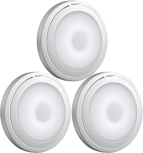 SOAIY 3pcs/Set Cool White Touch Activated LED Puck Lights, Dimmable, Battery Operated, Stick on Anywhere, Daylight (5000K)