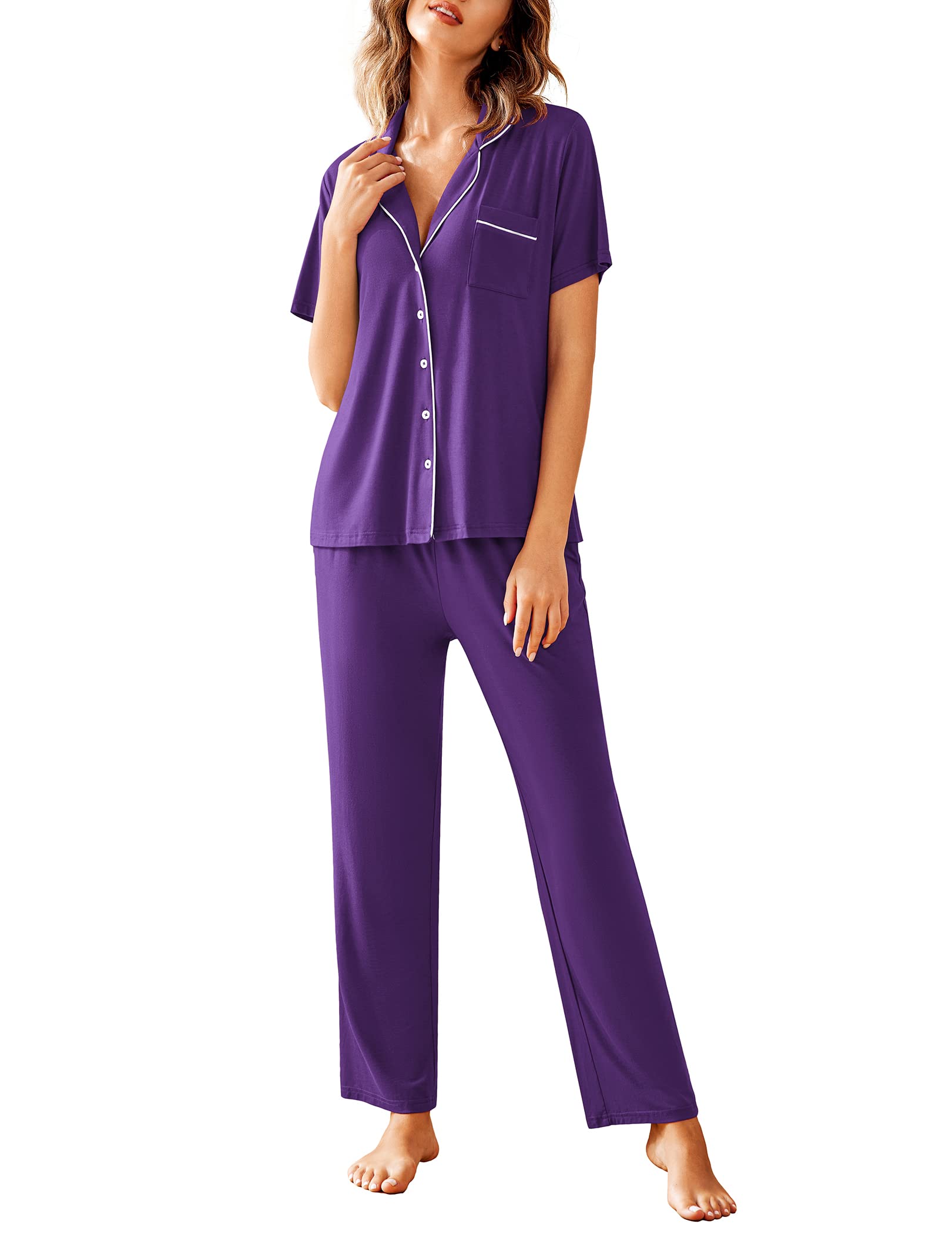 AvidloveWomen Pajamas Set Notch Collar Soft Sleepwear Pjs Short Sleeve Button Down Nightwear with Long Pants
