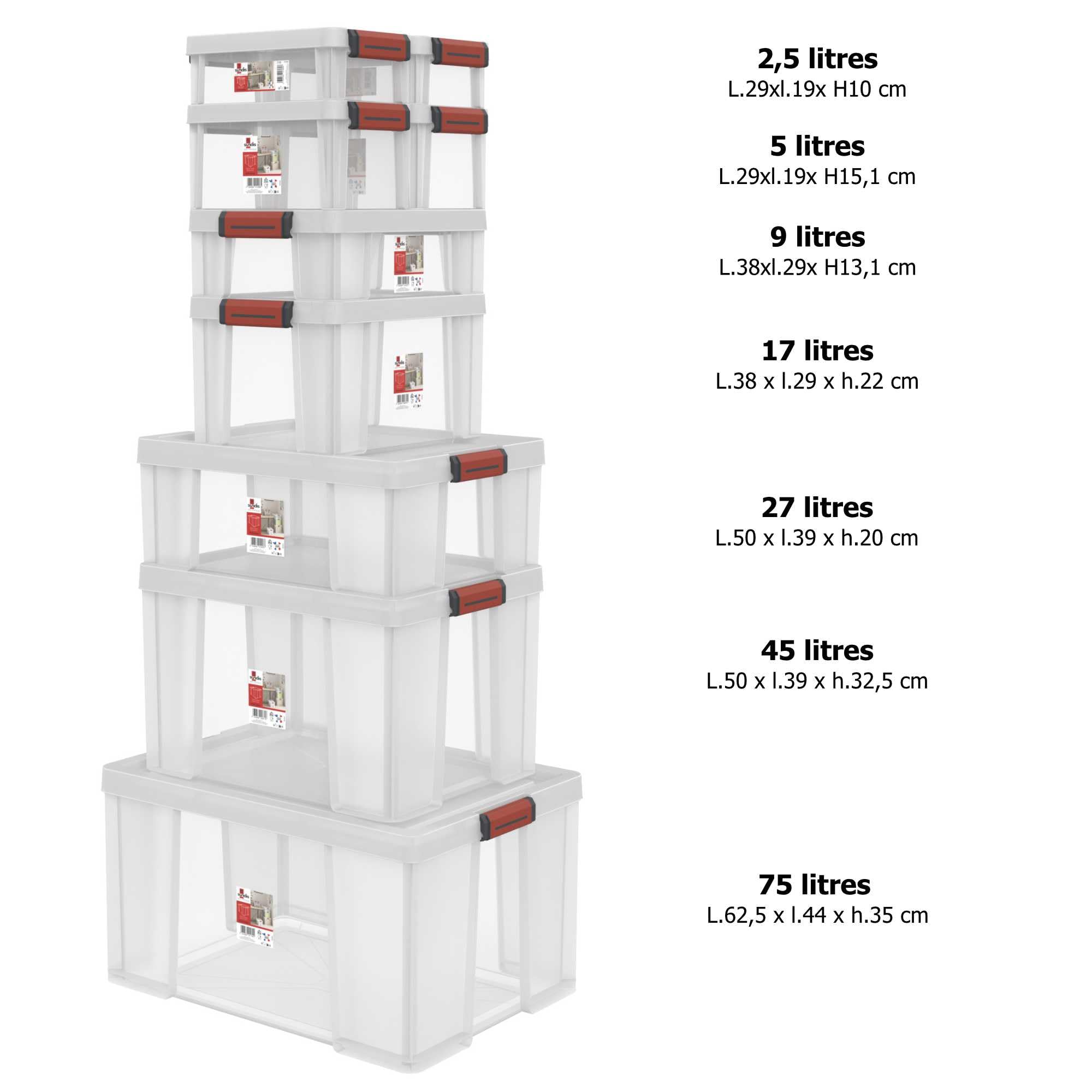 SUNDIS Clip’N Store, boîte de rangement plastique avec couvercle 45L, x3 | Robuste, transparente, apte au contact alimentaire, parois droites, clips de fermeture, superposable et combinable