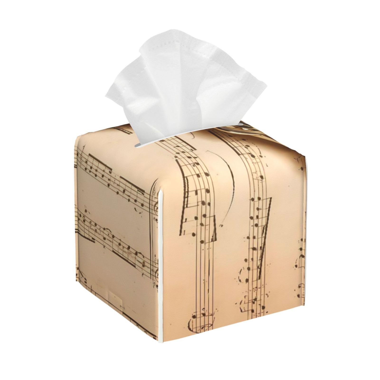 Flute Music Leather Tissue Box Cover Holder Square Facial Paper Organizer 5.2" X 5.2" X 5.2"