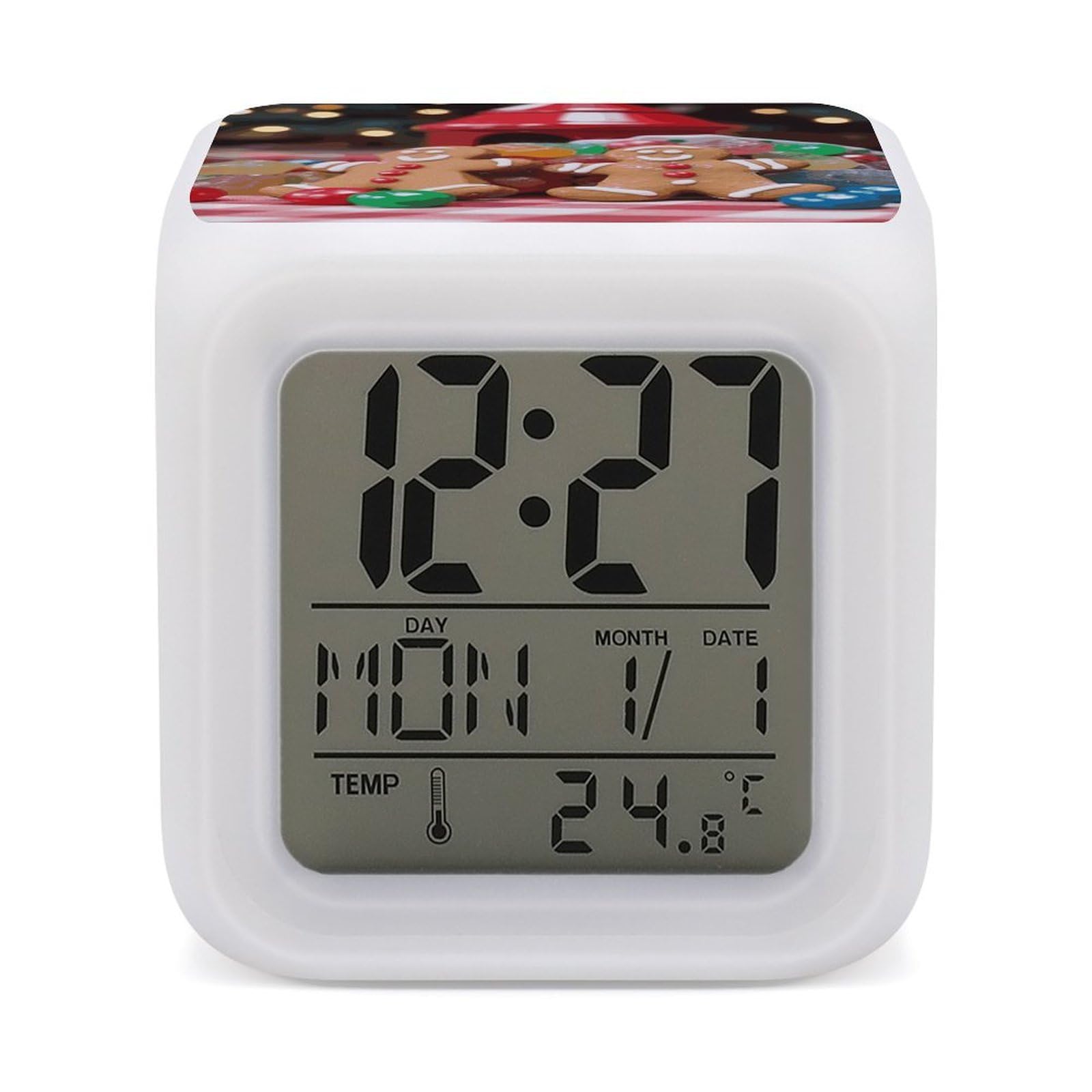 FekiLoot Gingerbread Man Candy Alarm Clock for Heavy Sleepers Wake Up Digital Clock with 7 Color Changing Night Light Super Loud Digital Alarm Clocks Small Machine Alarm Clocks