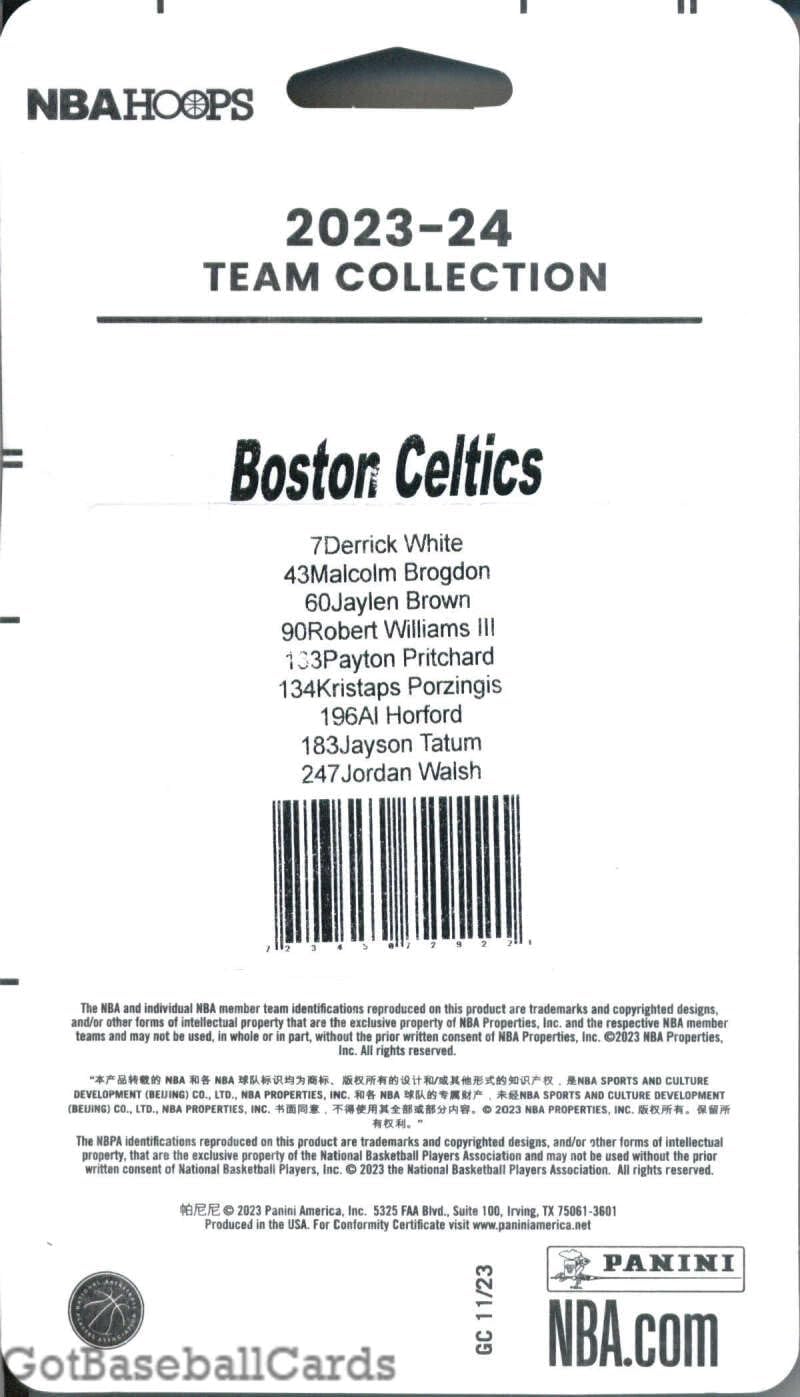 2023-24 Hoops Factory Sealed Boston Celtics Team Set of 9 Cards: Derrick White(#7), Malcolm Brogdon(#43), Jaylen Brown(#60), Robert Williams III(#90), Payton Pritchard(#133), Kristaps Porzingis(#134), Jayson Tatum(#183), Al Horford(#196), Jordan Walsh(#247) - Sportscard Superstore