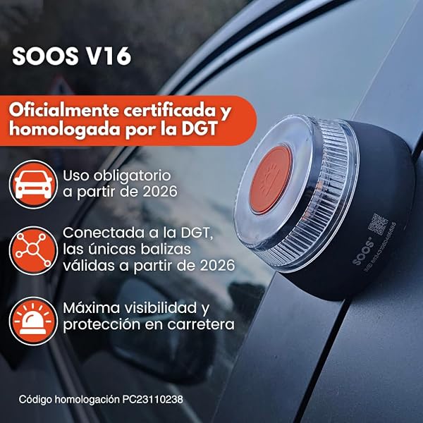 SOOS Baliza v16 Homologada DGT con Geolocalizador, con Datos Pagados hasta 2038, Luz Emergencia Coche Homologado dgt, Luz v16 Conectada con Geolocalización 3.0, IDIADA PC23110238 - Obligatoria en 2026 - 3