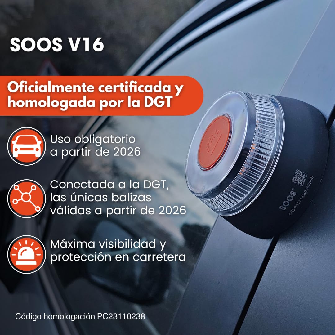 SOOS Baliza v16 Homologada DGT con Geolocalizador, con Datos Pagados hasta 2038, Luz Emergencia Coche Homologado dgt, Luz v16 Conectada con Geolocalización 3.0, IDIADA PC23110238 - Obligatoria en 2026 — view 3