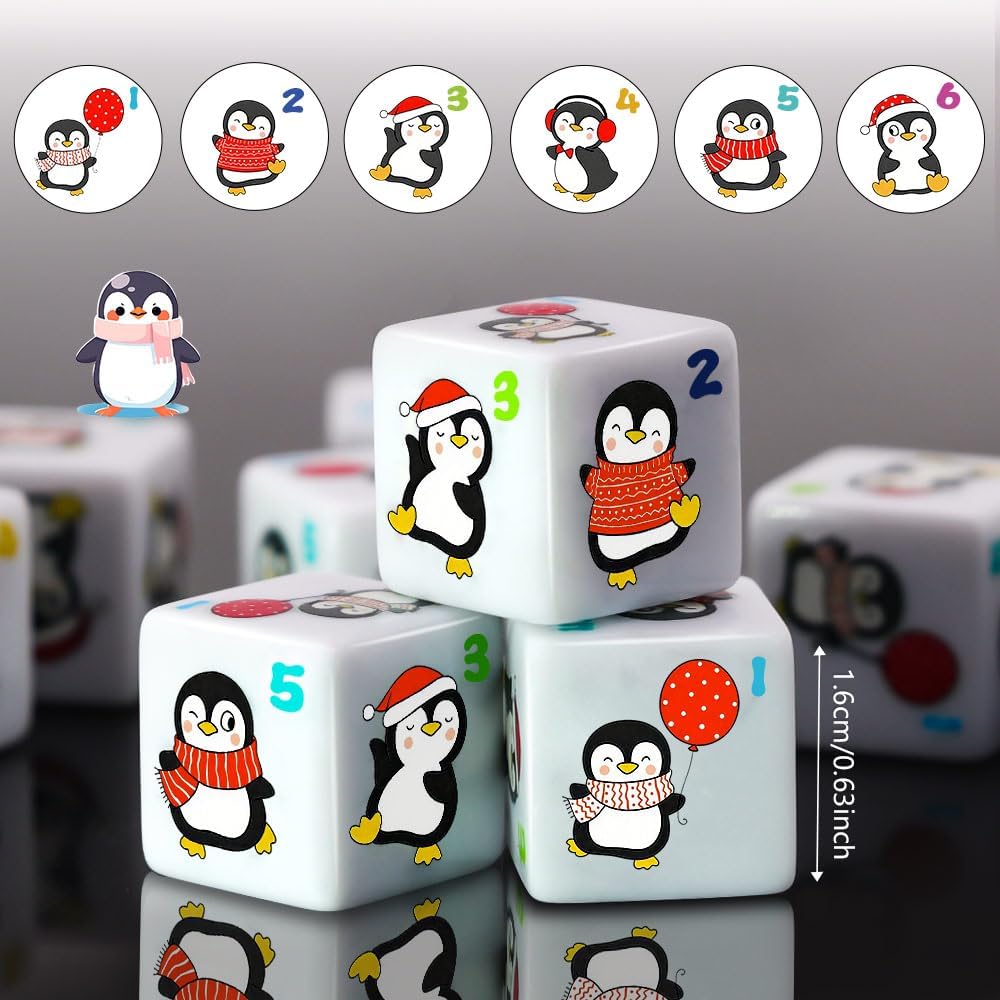 Penguin Dice Set, 12 White Six-Sided Dice, Educational Math Learning Game, 0.63 Inch Cubes