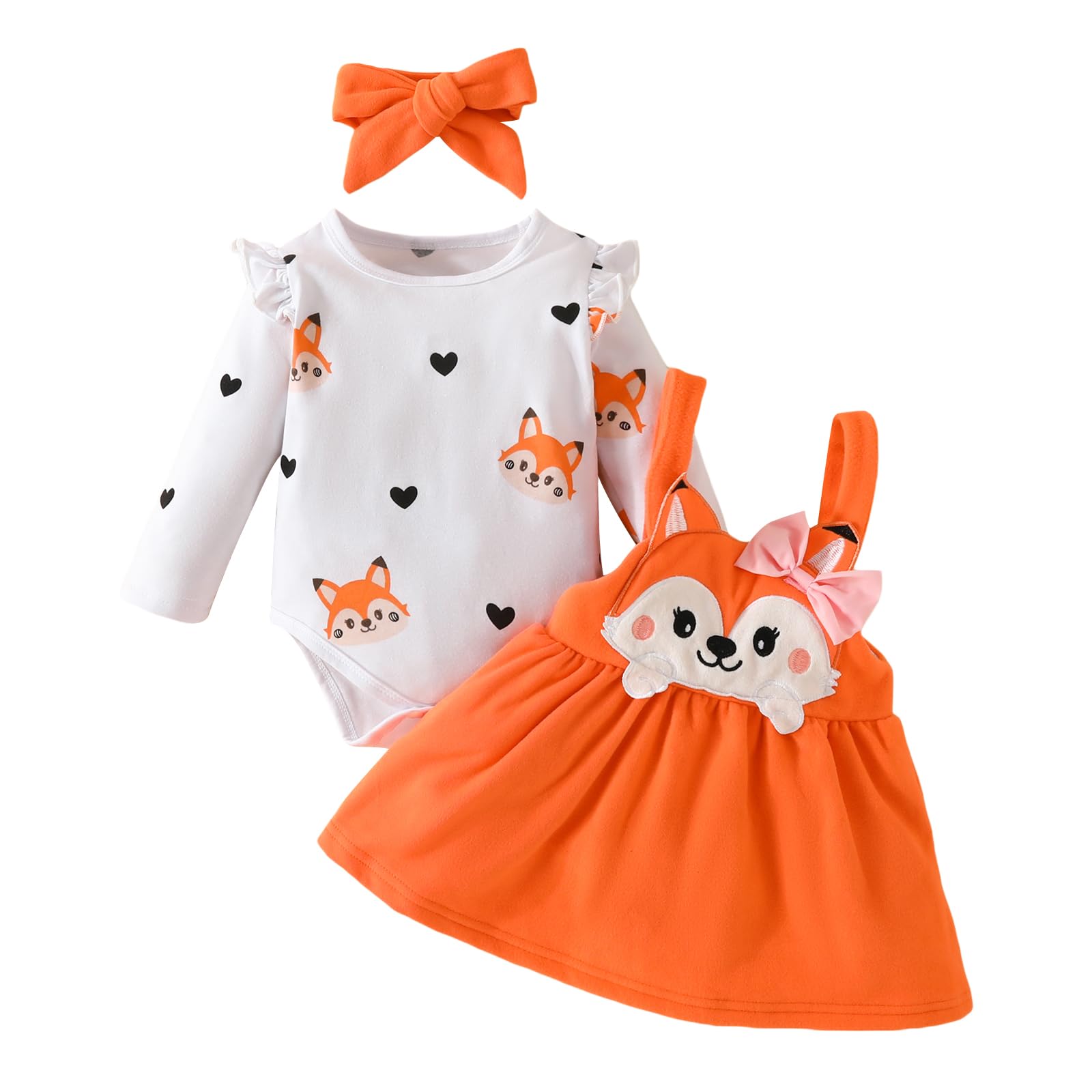 mlpeerw Baby Girls Autumn Outfit Sets Long Sleeve Fox Print Romper and Orange Suspender Skirt Headband Sets