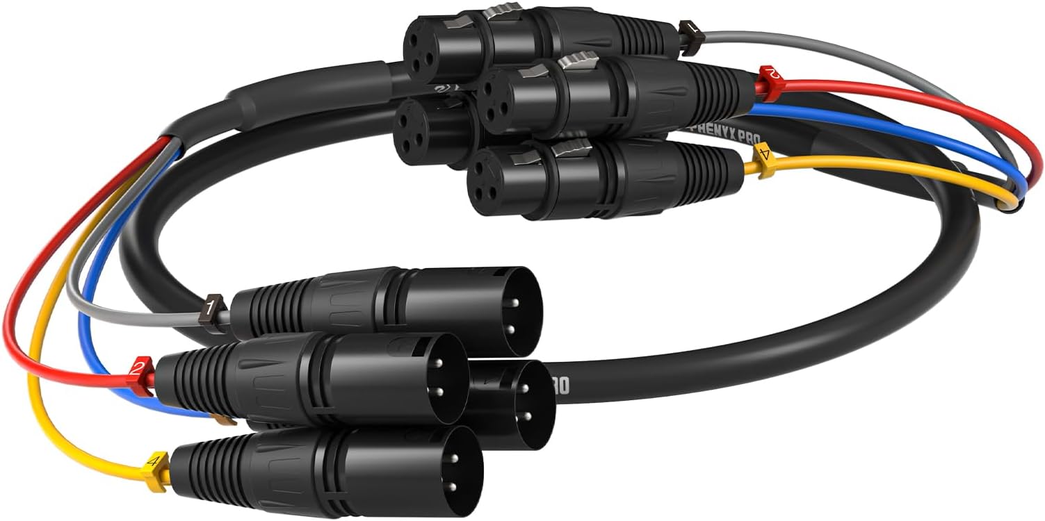 Phenyx Pro XLR Snake Cable, Color-Coded XLR to XLR Patch Cable, 4- Channel Male to Female XLR Cable 3FT, Balanced Microphone Cable w/OFC Copper, Braided Shielding for Mixers, IEM & Mic Systems