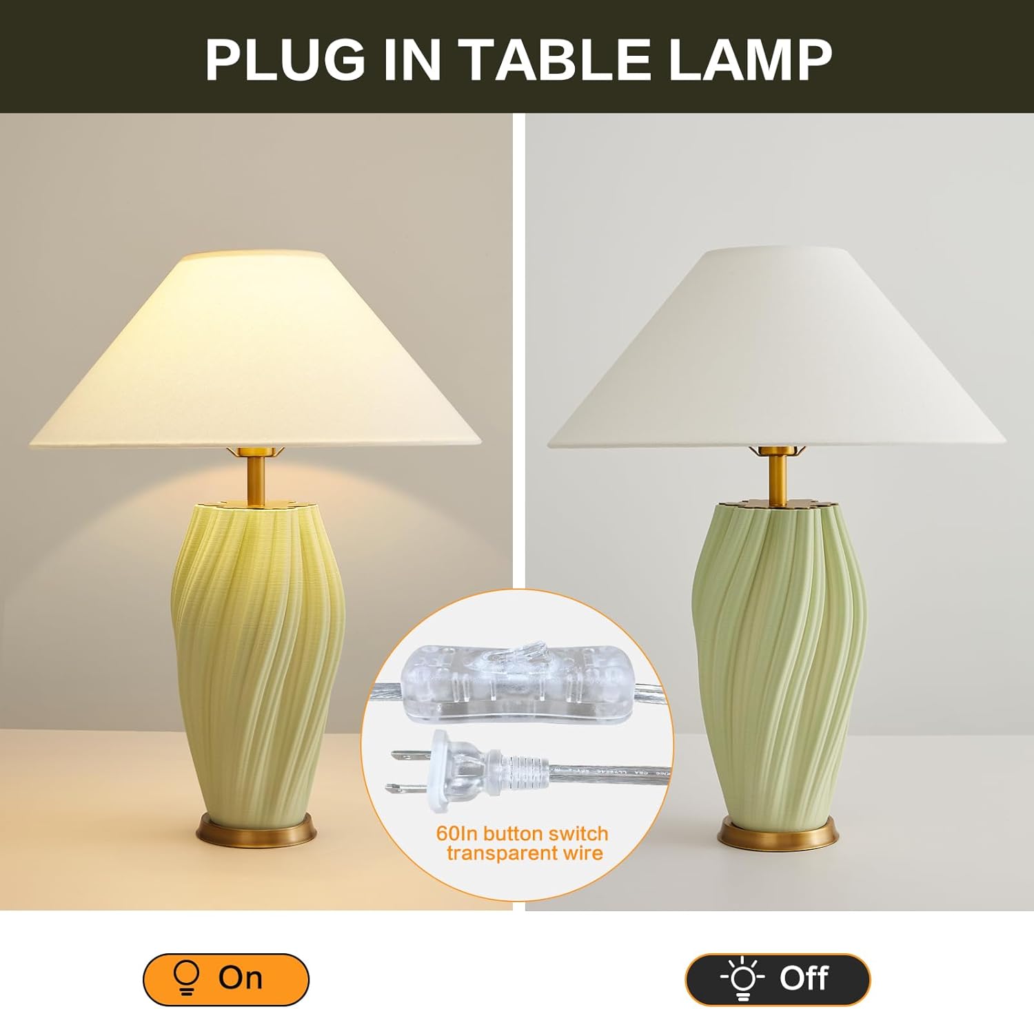 Modern E26 Ceramic Table Lamps 20.5", Sage Green Plug in Table Lamp Funky Decor for Living Room Desk End Bedroom Bedside Room Office