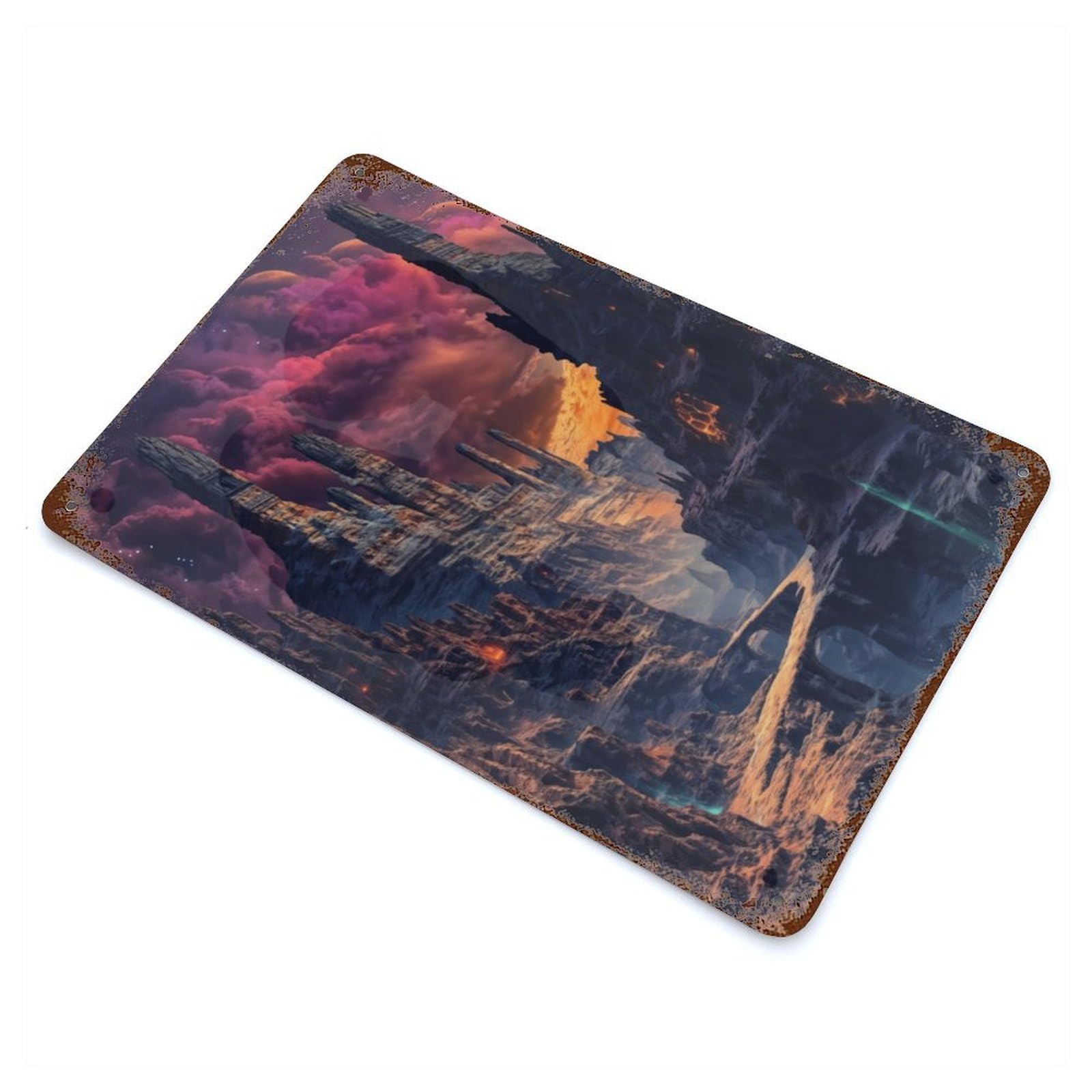 Fantasy Mountain Ruin 11.8"x7.9" Rust Effect Tin Sign, Rustic Home Decor for Office, Studio And Wall Decor