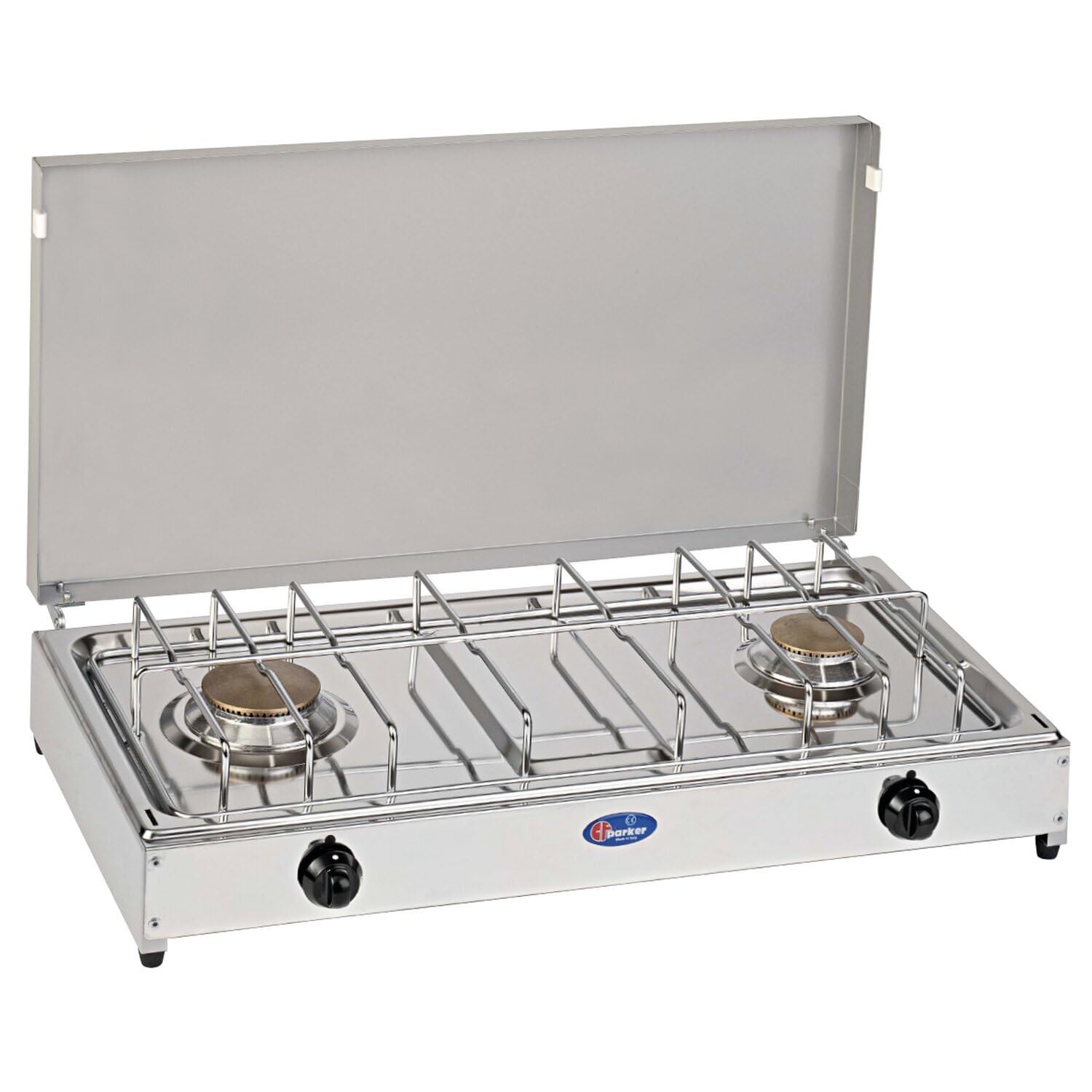 FORNELLO DA TAVOLO PARKER GAS GPL (BOMBOLE) 2 FUOCHI CON PIANALE IN ACCIAIO INOX TELAIO GRIGIO - 5522G