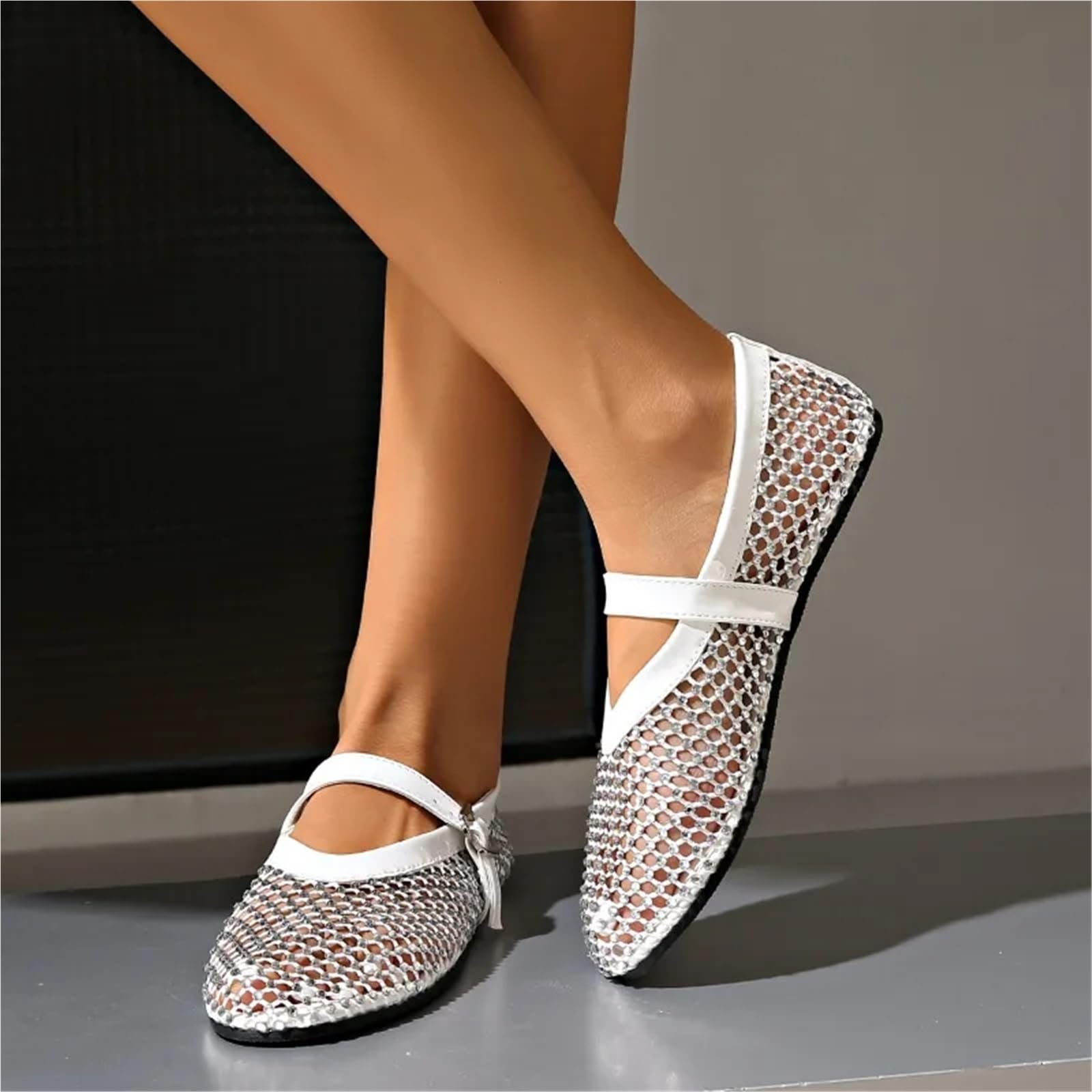 Frauen Wohnungen Mode Ballett Kristall Schuhe Sommer Frau Strass Weich Und Atmungsaktiv Mesh Sandalen Für Damen