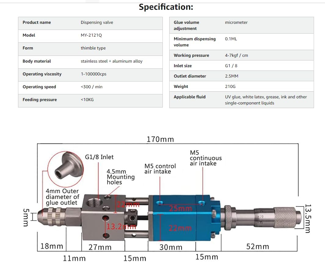 MY-2121Q Thimble Type Precision Pneumatic UV Glue Dispenser Valve 0.1ML
