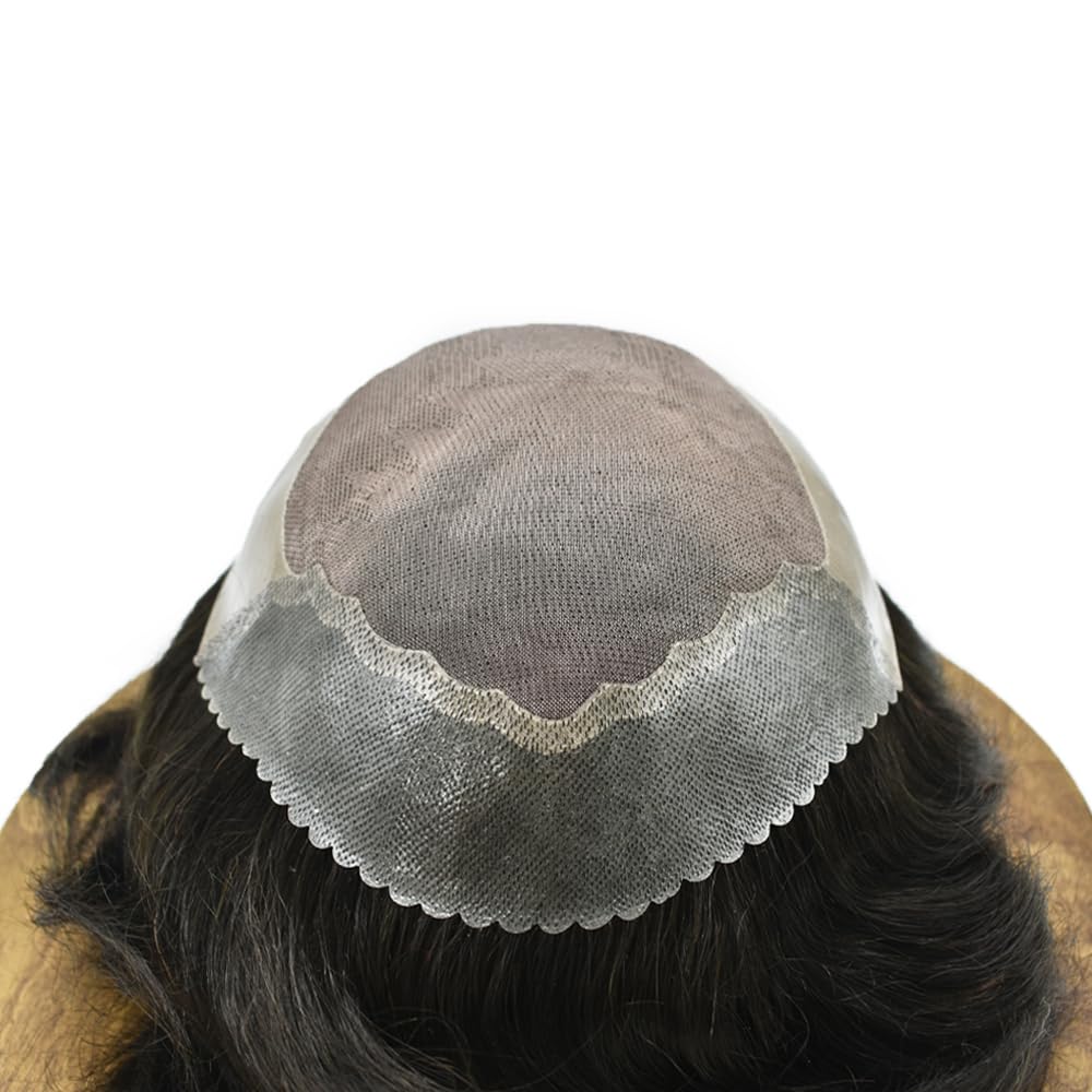 Hair System For Men Human Hair Hairpiece Fine Mono Lace Mens Toupee Poly Skin Around Hair Unit Replacement System Hair Piece For Men 8''X10'' #1 Jet Black 120% Density