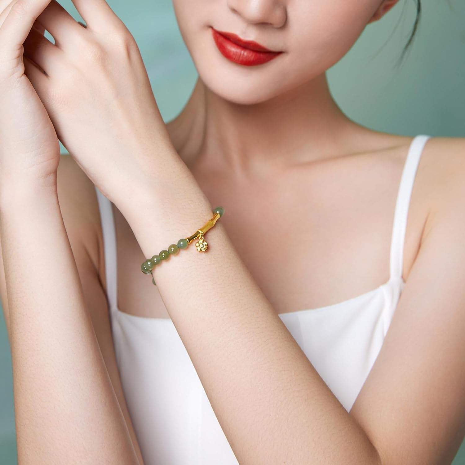 24K Gold Bracelet Jade Charm Bracelets Lucky Natural Beaded Bangle Adjustable Stretch Chain Green Healing Crystal Hetian Beads Bamboo Cuff Leaf Flower Feng Shui Good Luck Jewelry Protection Gifts - Image 8