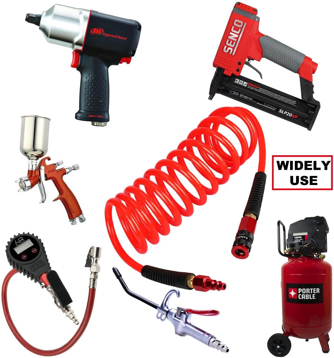 Heavy Duty Polyurethane Recoil Air Hose 1/4 in x 10 ft, Lightweight, Flexible Compressor Hose with Universal Quick Coupler, I/M Plug and Bend Restrictors, Red
