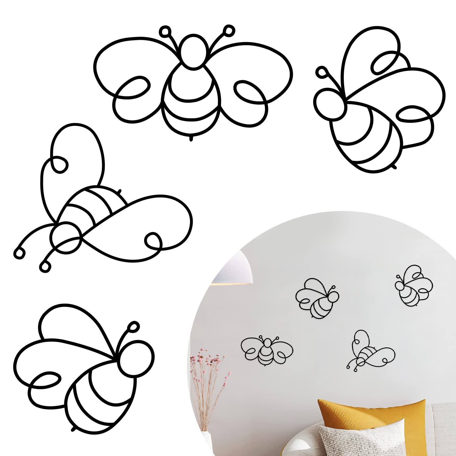 PoYang Metal Bee Wall Decor: Metal Wall Art 4PCS Bee Metal Wall Art, Metal Bee Wall Black Metal Wall Decor, Bee Wire Wall Art Metal Wall Hanging for Living Room Garden Bedroom Office Home Wall Decor