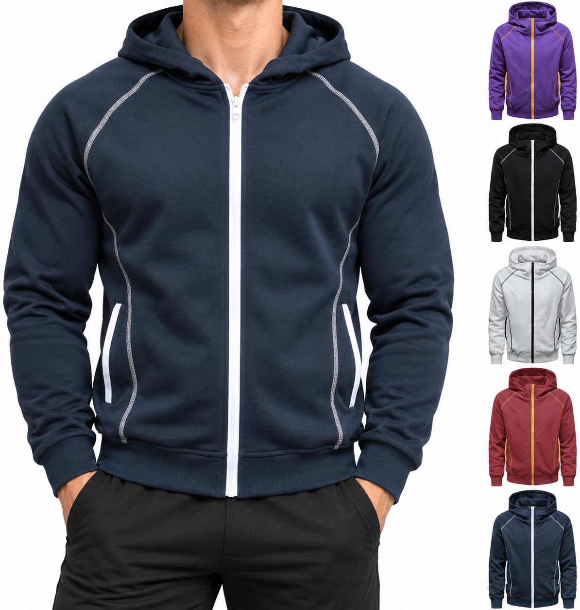 Men's Contrast Trim Hooded Coat Full Zip Sporty Long Sleeve Jacket