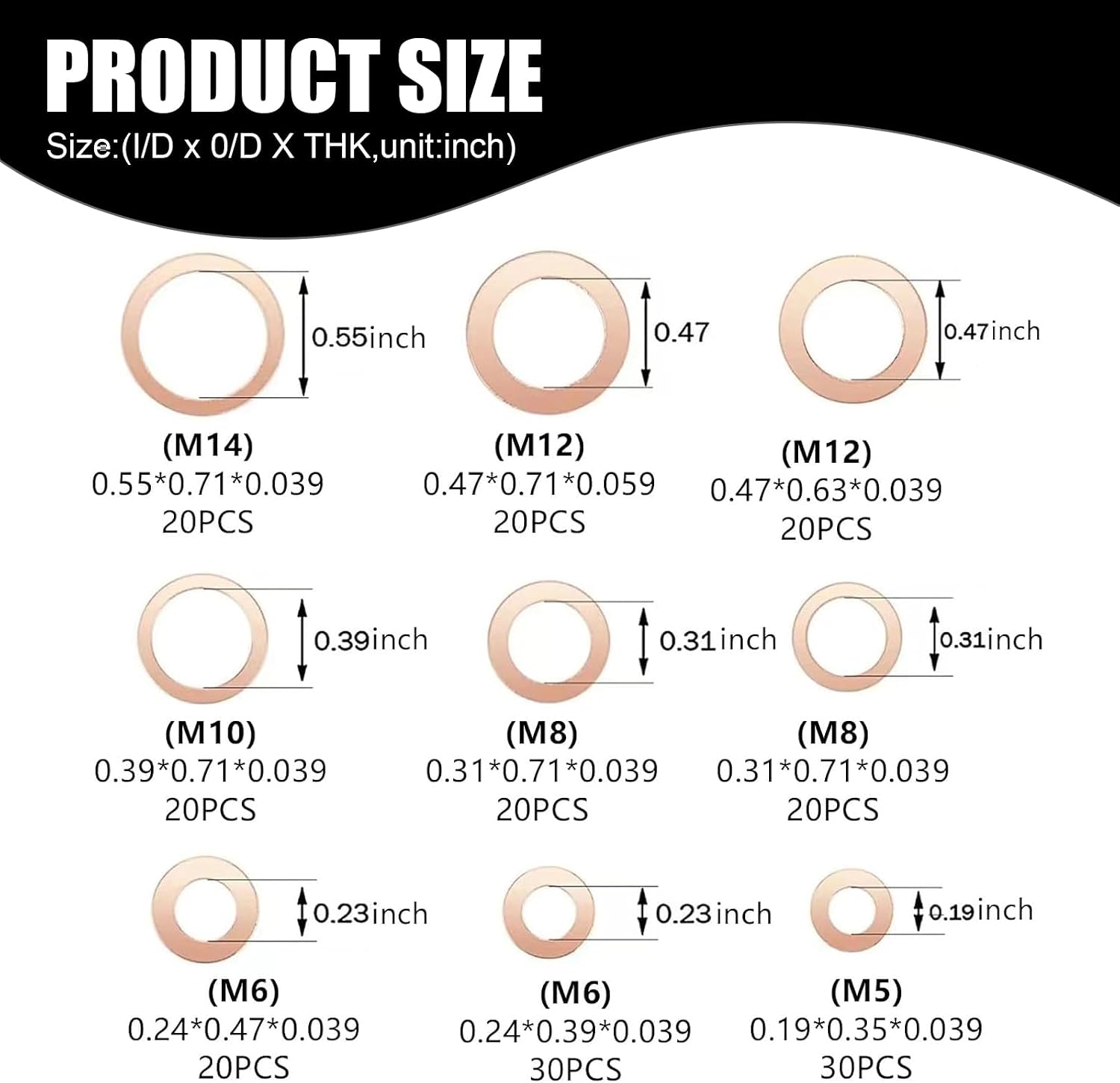 200 PCS Car Flat Crushed Copper Gasket Classification Kit, M5 M6 M8 M10 M12 M14 9 Specifications Copper Metric Washers, Oil Pan Plug Sealing Gaskets, for Many Types of Vehicles (Gold)