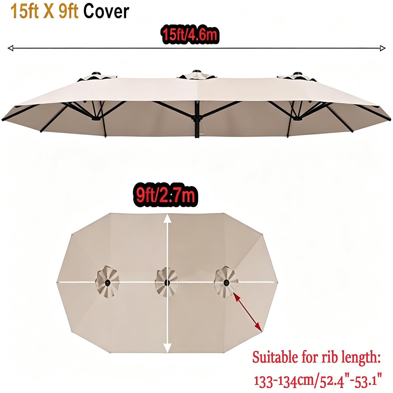 4.6x2.7m Telo Ombrellone Ricambio 12 Stecche,Patio Copertura Tessuto di Ricambio,Copertura Baldacchino di Ricambio Ombrellone Per Giardini, Balconi, Spiagge, Esterni(Beige)
