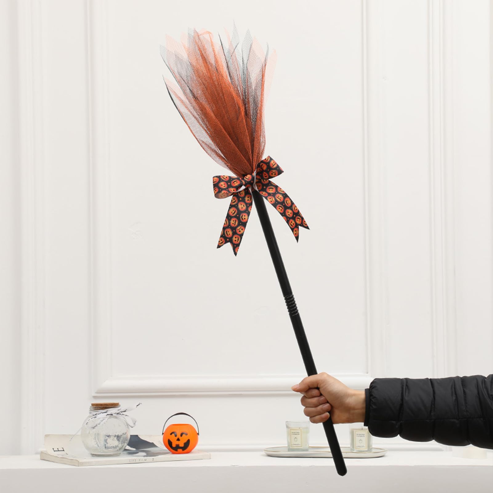 MISNODE 2 PCS Halloween Witch Broom, Cosplay Broom Prop Plastic Broom Props, Witch Flying Broomstick with Adjustable Handle, Plastic Halloween Witch Broomstick Accessories (B)