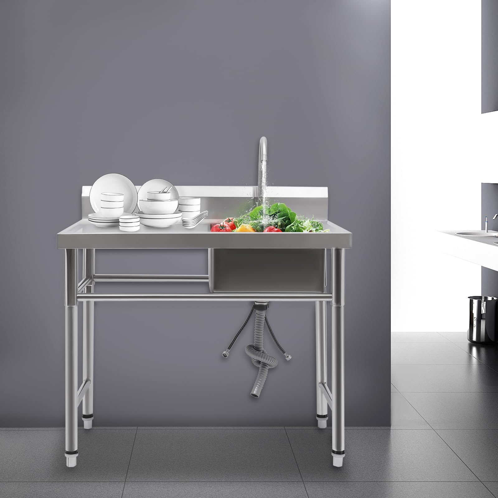Fregadero de cocina de acero inoxidable, kit de fregadero, fregadero de acero inoxidable con patas ajustables con grifo, tubos de desagüe, ventón angular, desagüe 100 x 60 x 93 cm, color