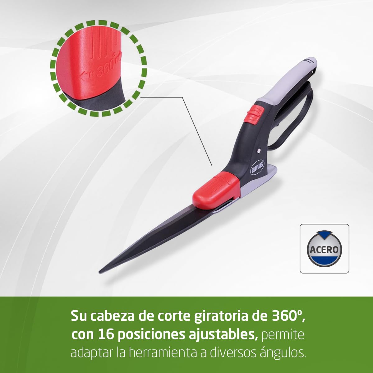 Amig - Tijera Cortacésped - Cuchillas de Acero SK5 Recubiertas de Teflón - Hoja de 380 mm - Cabeza de Corte Giratoria 360º - Mango Inferior con Protección para Bordes y Piedras - Para Podar