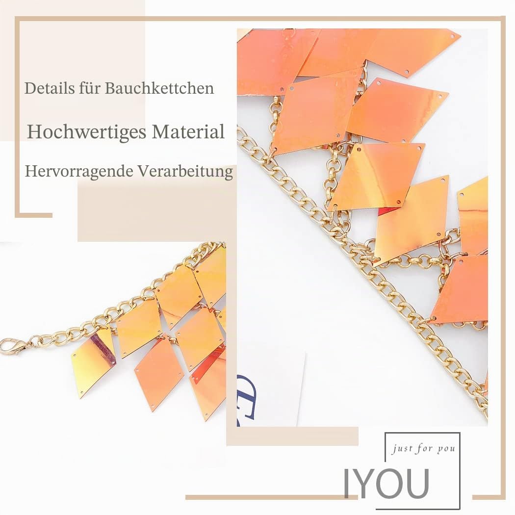 IYOU Pailletten Quaste Körperkette Outfits BH-Rock Blau Bikini Rave Festival Party Strand Mode Clubkleidung Zubehör zum Damen(Gold)