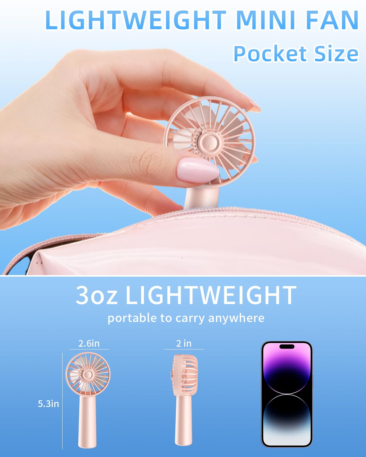 Ventilador de mano, mini ventilador portátil de 3 velocidades, 1800 mAh, ventiladores de mano pequeños personales que funcionan con pilas para pestañas de maquillaje, recargable por USB, regalos de 5