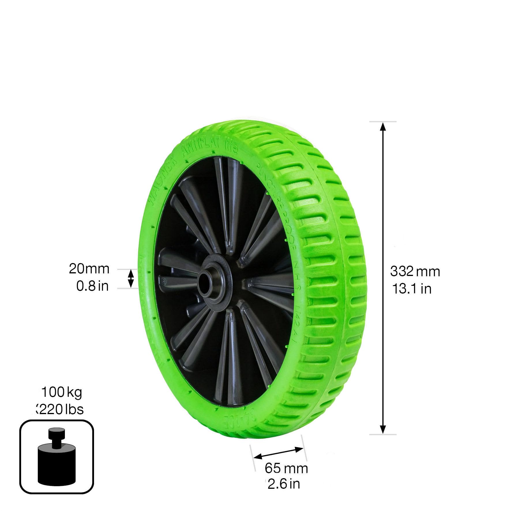 WAGNER Wheelbarrow Wheel Puncture Proof PU Foamed Wheel Diameter Wheel 332 x 65 mm Axle Hole 20 mm Load Capacity 150 kg 04833201