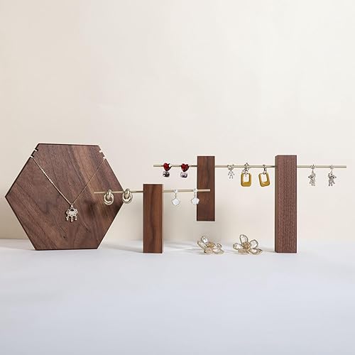 Miniatura 6 de GemeShou 3pcs wooden earring display stands for shows, dangle t bar earring hanger, hoop earring holders for jewelryWalnut Brass earring T stand set