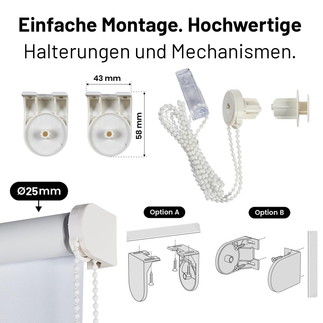 Verdunklungsrollo für Fenster und Türen Thermorollo 200x250 cm Weiß | Blickdicht Montage mit Bohren Wand/Decke Sichtschutz Sonnenschutz Stoffbreite 196,5cm Rohr 25mm Verdunkelungsrollo StoresDeco