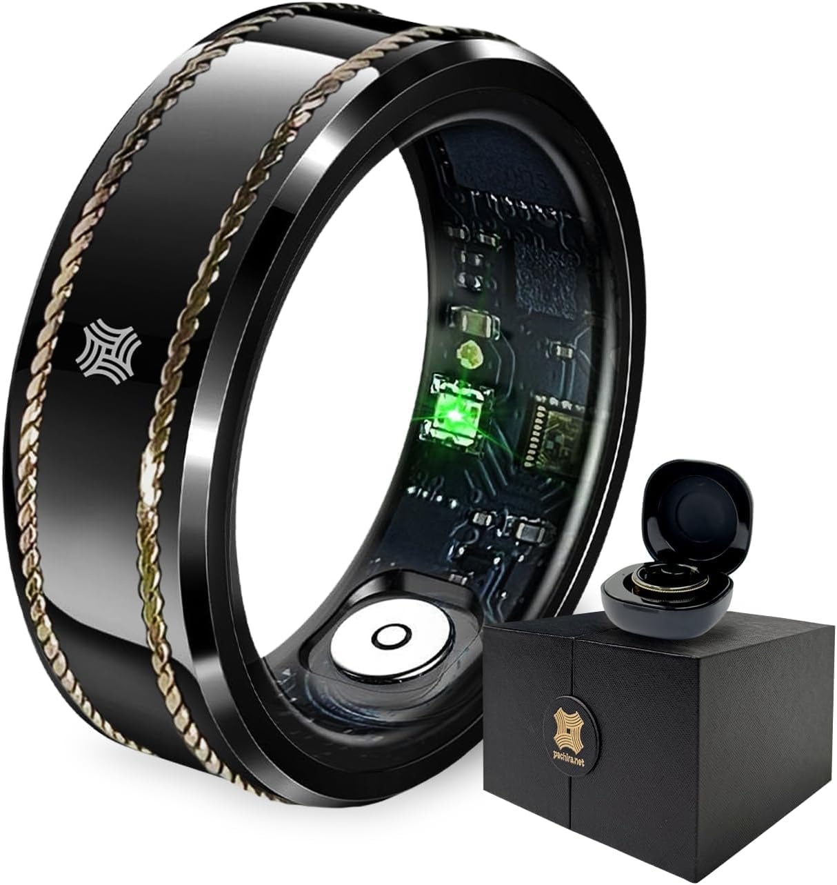 Pachira Smart Ring, Dual 14K Gold Inlays, Fitness/Sleep/Stress/Heart Rate/SpO2 Tracker, No App Subscription, 7-Day Battery Life, Size Before You Buy, Black (US Size 10.25)