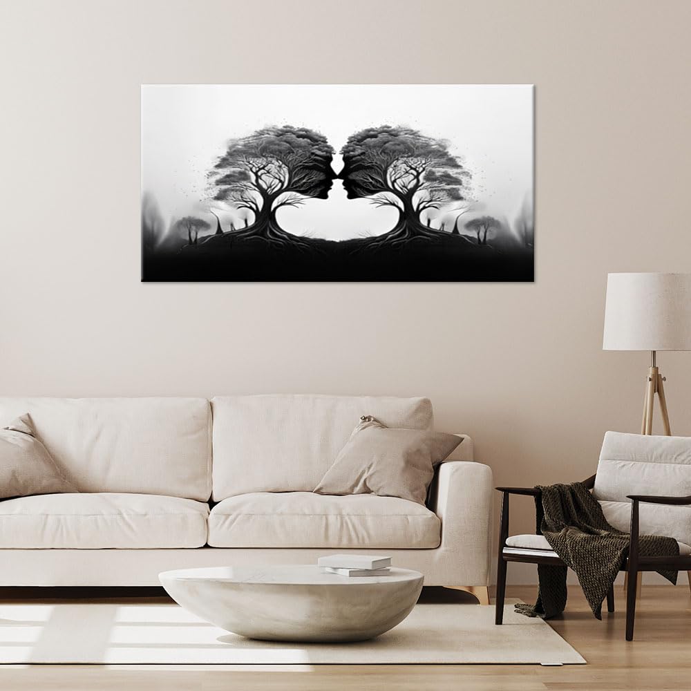 Feeby Leinwand Bilder - Bild Wohnzimmer - Baumkuss Schwarz & Weiß - 120x60 1tlg - Deko Schlafzimmer Groß - Dekoration Canvas - Gemälde - Modern Wandbilder - Kunstdruck
