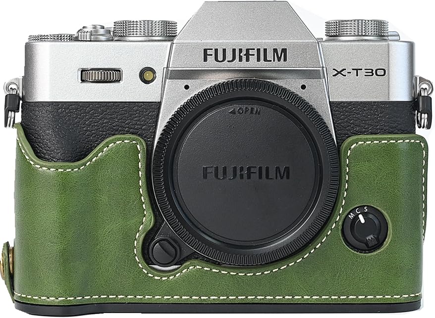 X-T30 Case, BMAOLLONGB Handmade PU Leather Half Camera Case Bag Cover Bottom Opening Version for Fujifilm X-T30 XT30 with Hand Strap (Green)